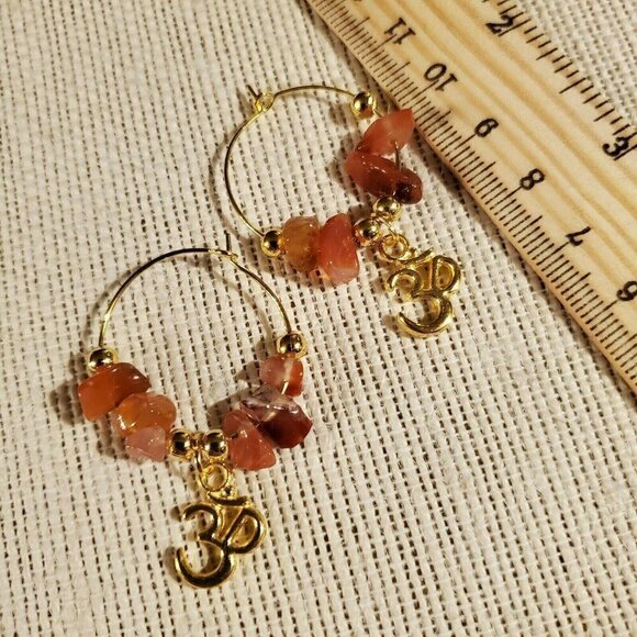 Gemstone Yoga Om Mantra Hoop Earrings 14K Gold Plated Red Agate - Picture 3 of 6